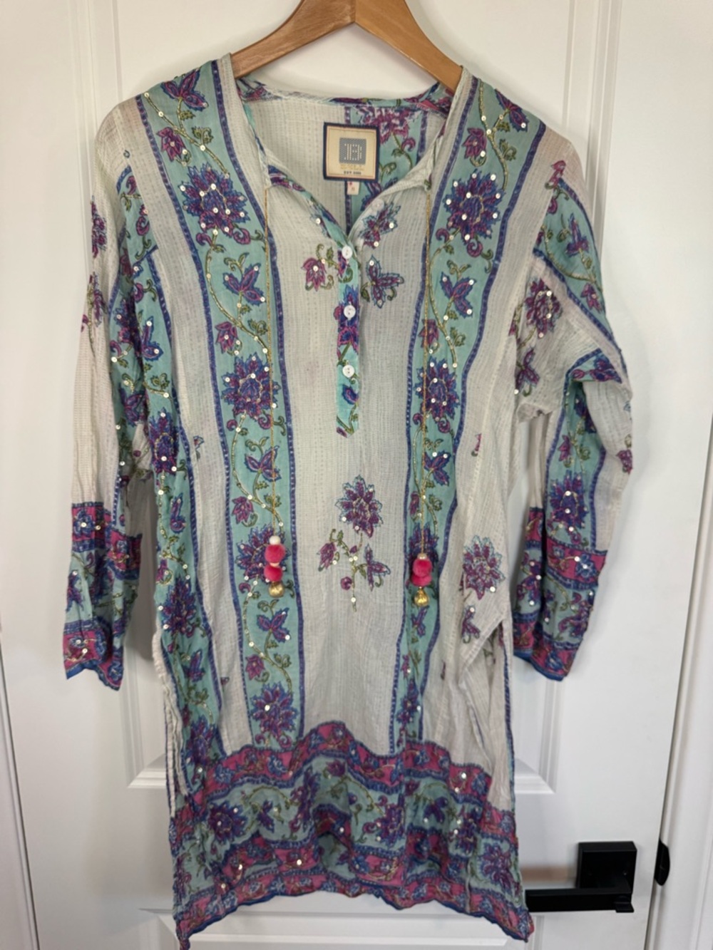 Bell By Alicia Bell Silk Cotton Boho Tunic Embellished Floral Pom Pom Top Small